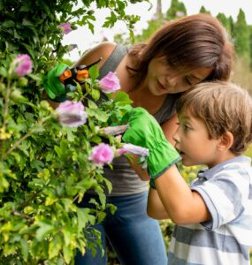 Mom and son taking care of plants in family garden