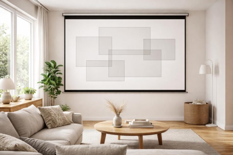 découvrez comment aménager votre salon en testant la taille des cadres directement sur un écran de projection pour un rendu optimal et harmonieux.