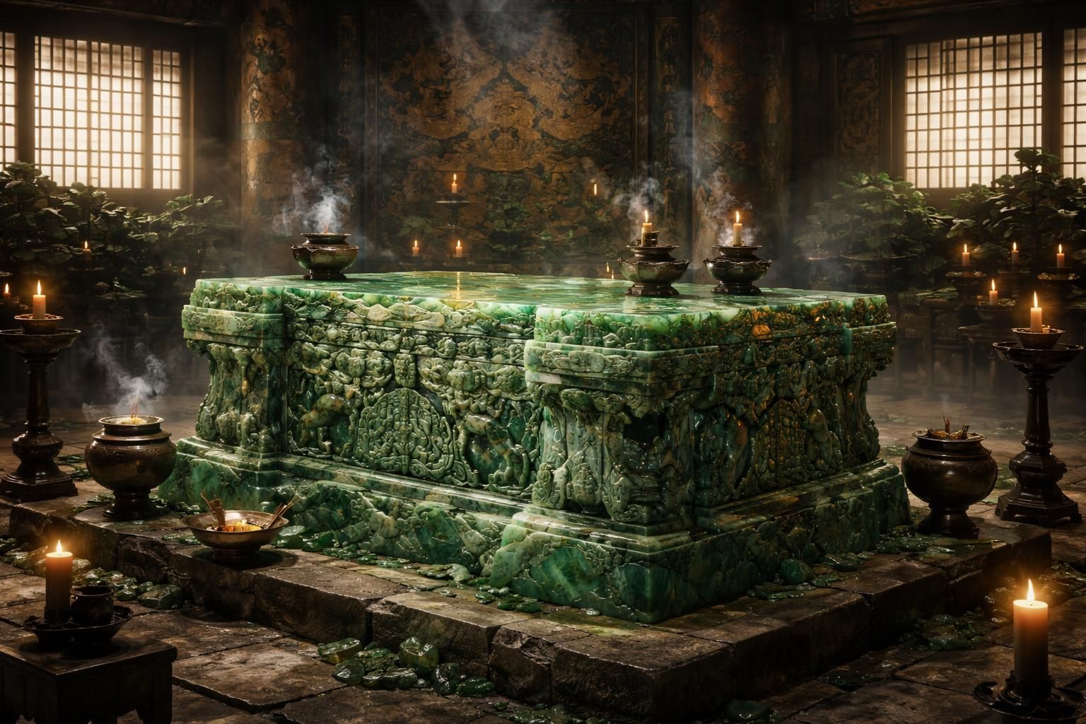 découvrez l'autel du bassin de jade morcelé, une pièce maîtresse des cérémonies anciennes, symbole de mystère et de tradition dans les rituels historiques.