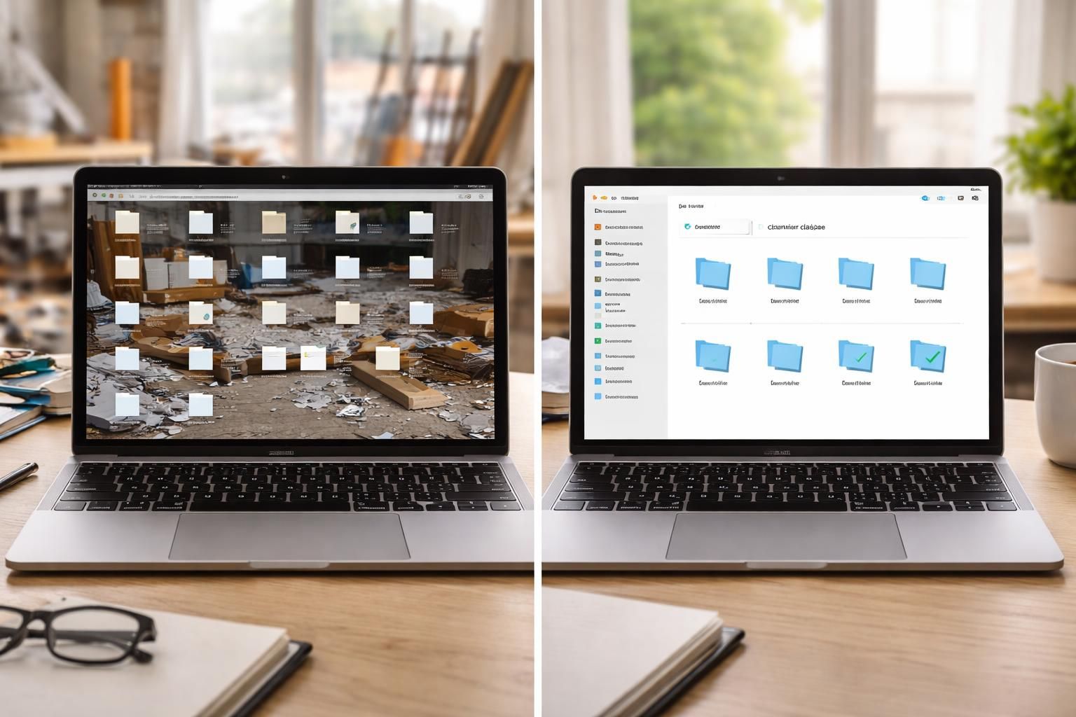 découvrez un dossier photo avant/après détaillant l'évolution d'un chantier, présenté sur un pc portable pour une visualisation claire et professionnelle.
