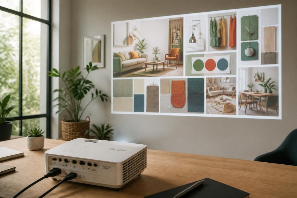 découvrez comment le vidéoprojecteur acer permet de projeter un moodboard déco en taille réelle directement sur votre mur, facilitant ainsi vos choix de décoration.
