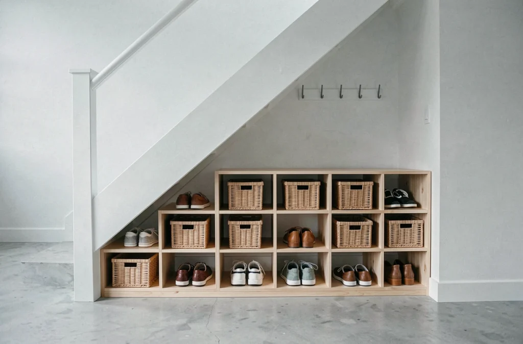 Espace sous escalier aménagé en rangement à chaussures et vestiaire avec étagères en bouleau et paniers tressés dans un intérieur scandinave