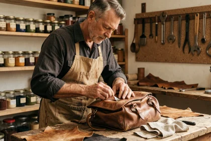 Artisan appliquant une coloration sur un sac en cuir vintage dans un atelier traditionnel de maroquinerie