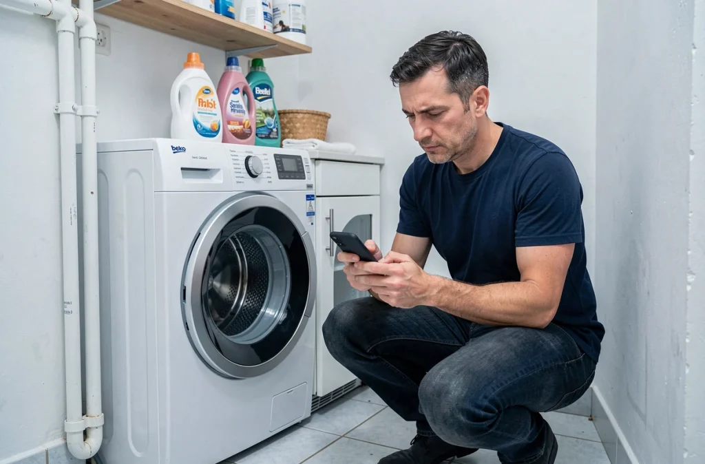 Homme consultant des avis en ligne sur la marque Beko avant d'acheter un lave-linge