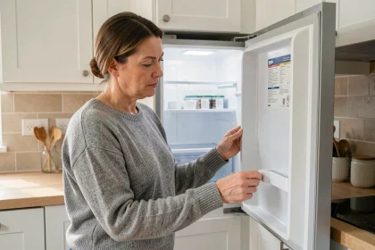 Femme évaluant un réfrigérateur Beko dans une cuisine moderne avant achat