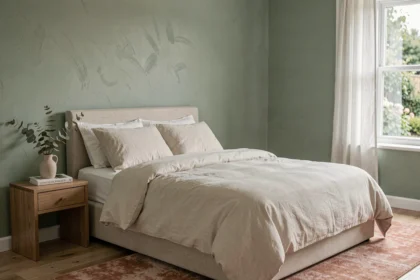 Chambre adulte apaisante avec peinture murale vert sauge mat et literie en lin blanc cassé pour une ambiance relaxante