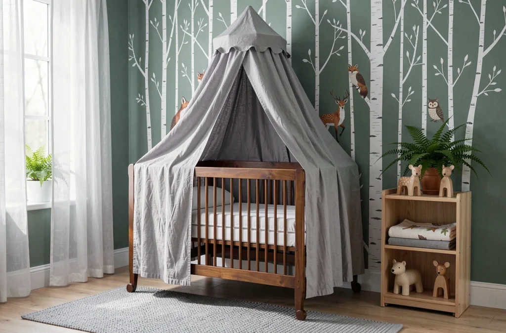 Chambre bébé thème forêt avec berceau en bois, canopée en mousseline et illustration d'animaux de la forêt sur les murs