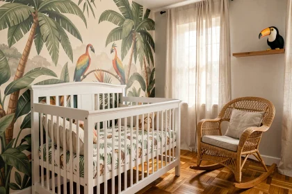 Chambre bébé thème jungle avec lit à barreaux blanc, murale tropicale peinte et décoration naturelle en rotin