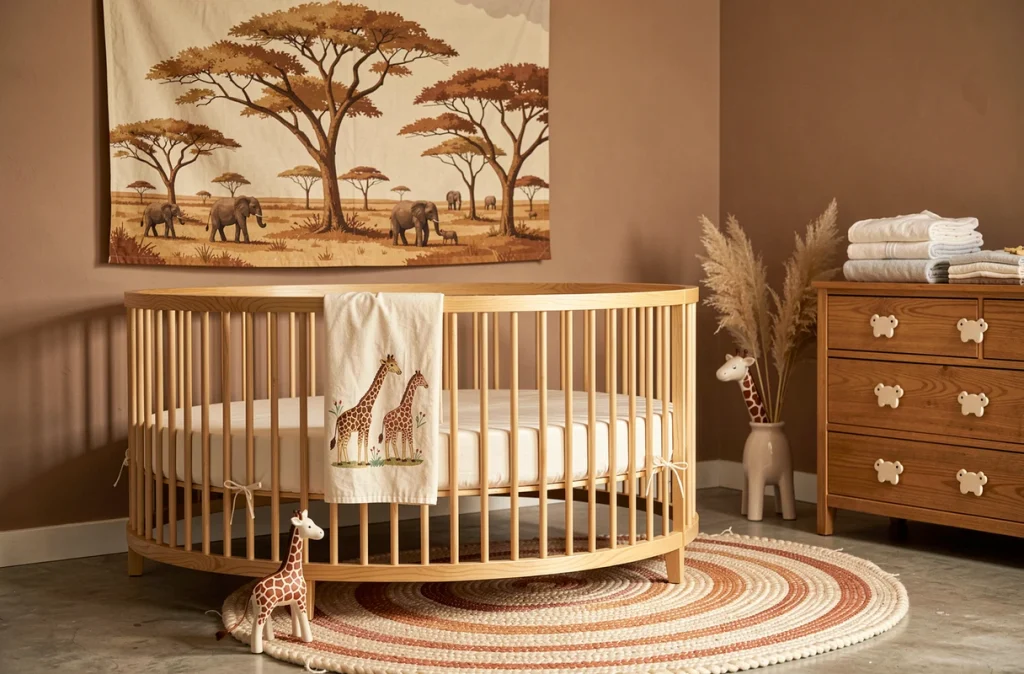 Chambre bébé thème savane avec lit rond en bois, literie brodée girafe et éléphant, décoration en tons ocre et terracotta