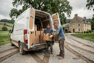 Homme chargeant des cartons dans un utilitaire de déménagement devant une ferme en pierre à la campagne