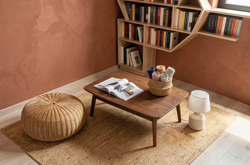 Coin lecture bohème dans un salon moderne avec coussin rattan, table basse en noyer et mur en plâtre terracotta