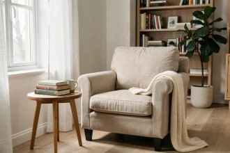 Coin lecture confortable dans un salon lumineux avec fauteuil en lin beige, livres empilés et plante verte près d'une fenêtre