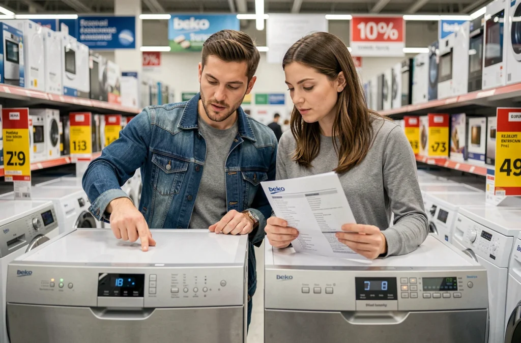 Couple comparant des lave-vaisselle Beko en magasin avant de prendre une décision d'achat