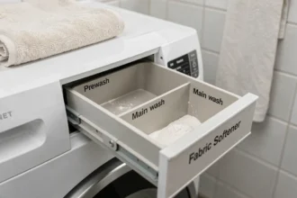 Tiroir de machine à laver ouvert montrant les trois compartiments lessive, adoucissant et prélavage clairement identifiables