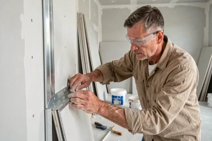 Ouvrier posant une cornière métallique sur un angle de cloison en placo dans un chantier de rénovation intérieure