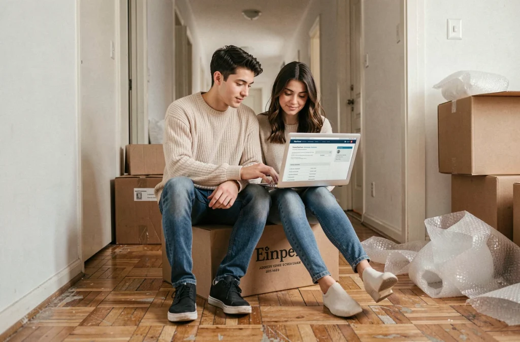 Couple consultant un site administratif sur ordinateur portable pour effectuer un changement d'adresse lors d'un déménagement