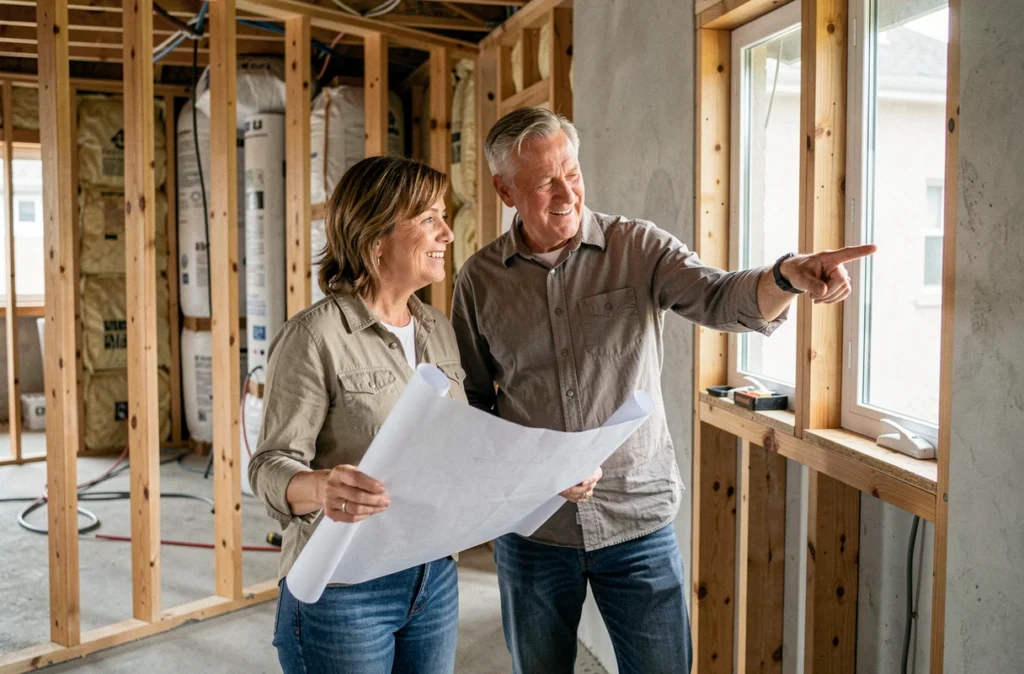 Couple examinant les plans d'une extension de maison à l'intérieur d'un chantier de construction