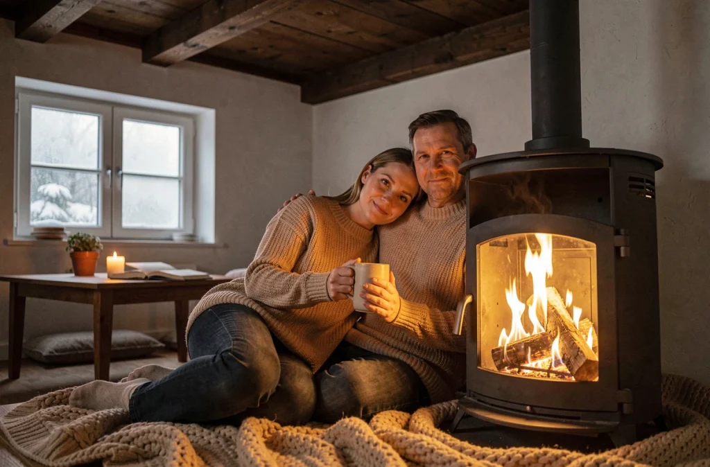 Couple se réchauffant devant un poêle à bois allumé lors d'une soirée d'hiver cosy