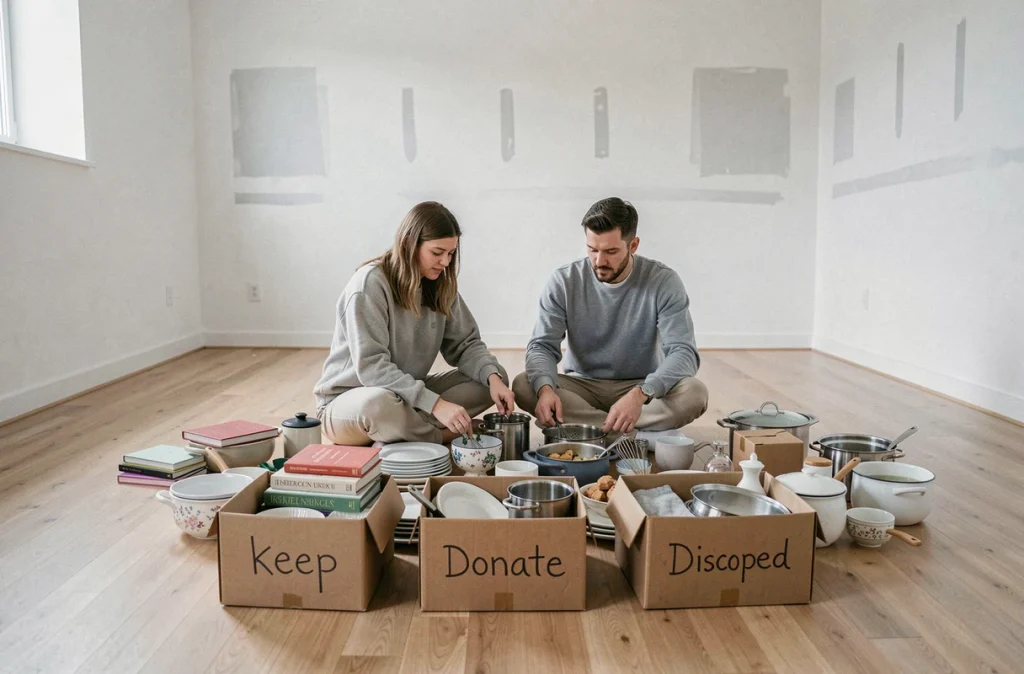 Couple triant des objets ménagers dans un appartement vide avec des cartons étiquetés avant un déménagement