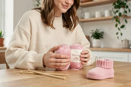 Jeune femme débutante en tricot tenant des pelotes de laine Bebecolor pastel sur une table en bois dans une cuisine scandinave