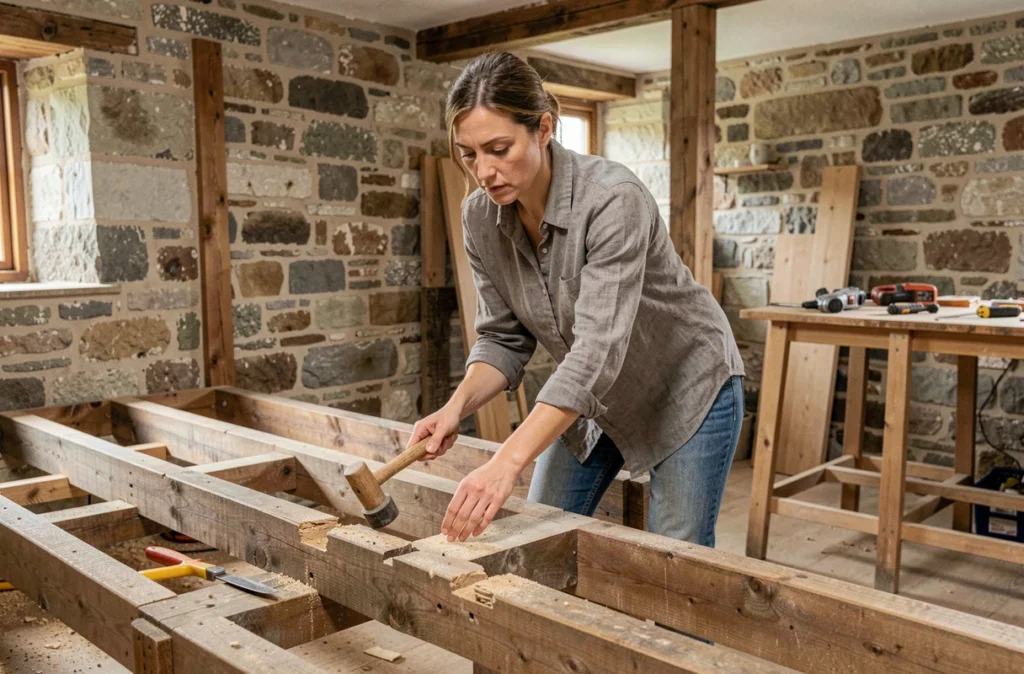 Femme effectuant un diagnostic de capricorne des maisons en testant des solives en bois avec un maillet dans une maison ancienne