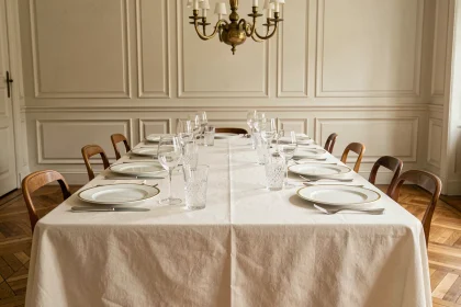 Table formelle dressée avec verres à vin, à eau et flûtes à champagne disposés selon les règles de l'étiquette française