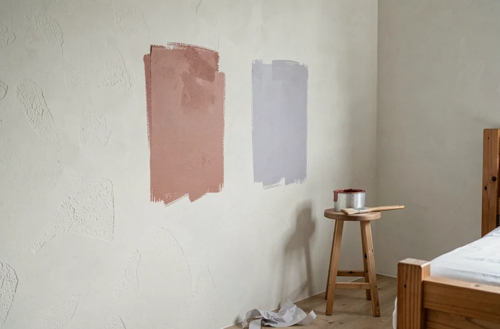 Échantillons de peinture terracotta et lavande testés directement sur le mur d'une chambre adulte pour choisir une couleur relaxante
