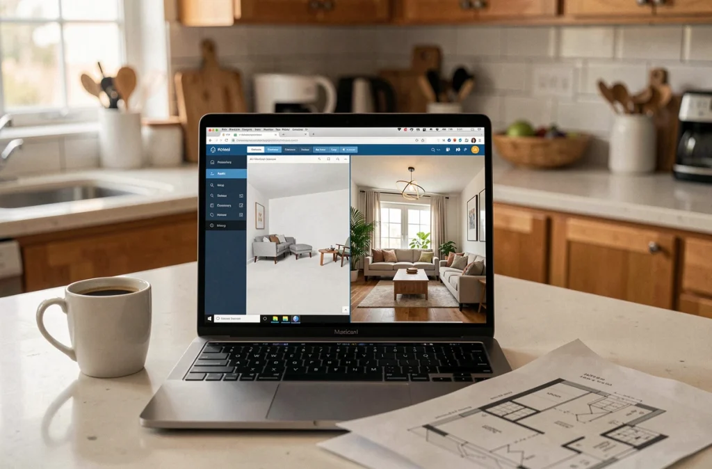 Écran d'ordinateur portable affichant un logiciel IA de décoration intérieure avec comparaison avant-après d'une pièce
