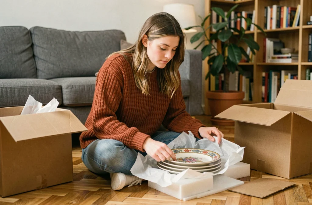 Jeune femme emballant des assiettes en céramique avec du papier de soie et de la mousse sur un parquet de salon