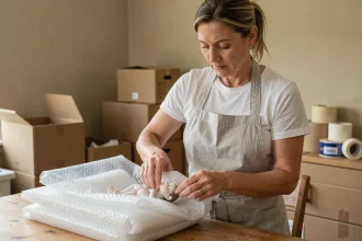 Femme emballant une figurine en porcelaine avec du papier bulle sur une table en bois lors d'un déménagement