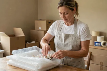 Femme emballant une figurine en porcelaine avec du papier bulle sur une table en bois lors d'un déménagement