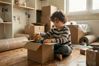 Jeune garçon assis parmi des cartons de déménagement dans sa chambre, préparant ses affaires avec une expression mélancolique