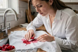 Femme qui enlève une tache de framboise sur un chemisier blanc au-dessus d'un évier de cuisine