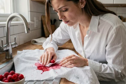 Femme qui enlève une tache de framboise sur un chemisier blanc au-dessus d'un évier de cuisine