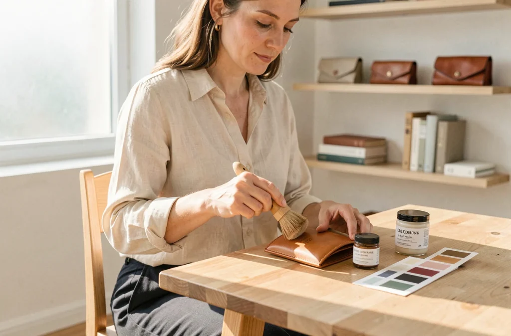 Femme entretenant et colorant un portefeuille en cuir tan dans un studio lumineux de style scandinave