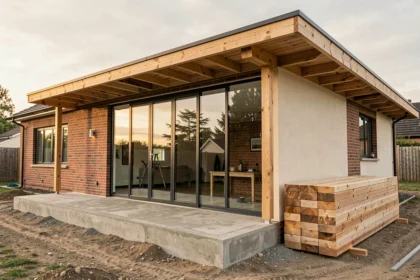 Extension de maison moderne en bois et verre intégrée à une maison en brique existante en cours de construction