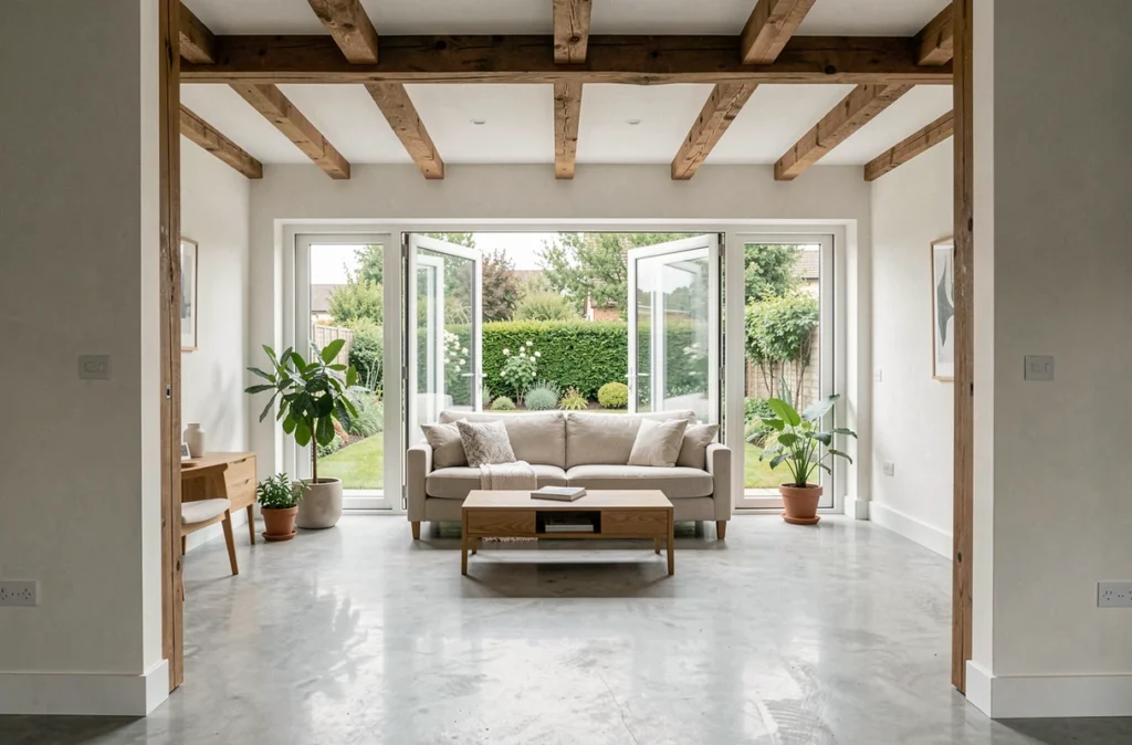Extension de maison aménagée en salon lumineux ouvert sur un jardin avec des portes vitrées coulissantes