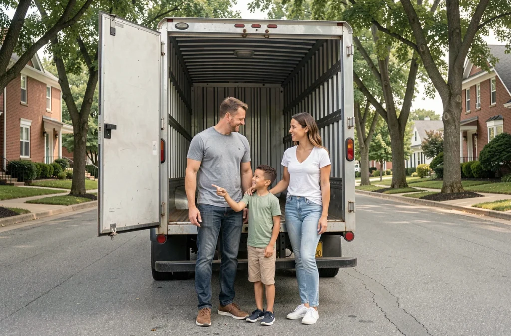 Famille souriante devant un camion de déménagement dans une rue résidentielle, les enfants découvrant l'intérieur avec enthousiasme