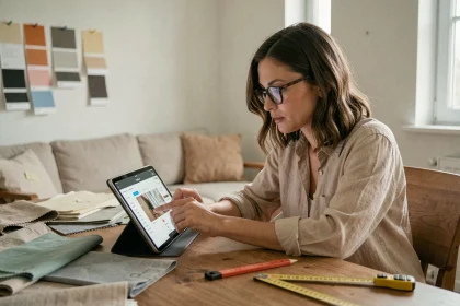 Femme utilisant une application IA d'aménagement intérieur sur une tablette dans un salon en cours de rénovation