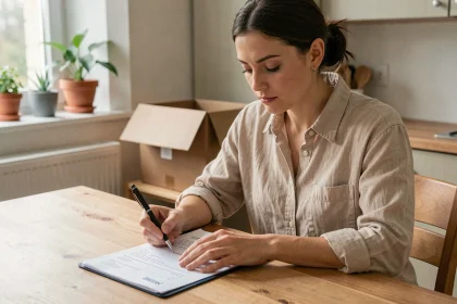 Femme remplissant des formulaires de changement d'adresse à une table en bois dans un appartement en cours de déménagement
