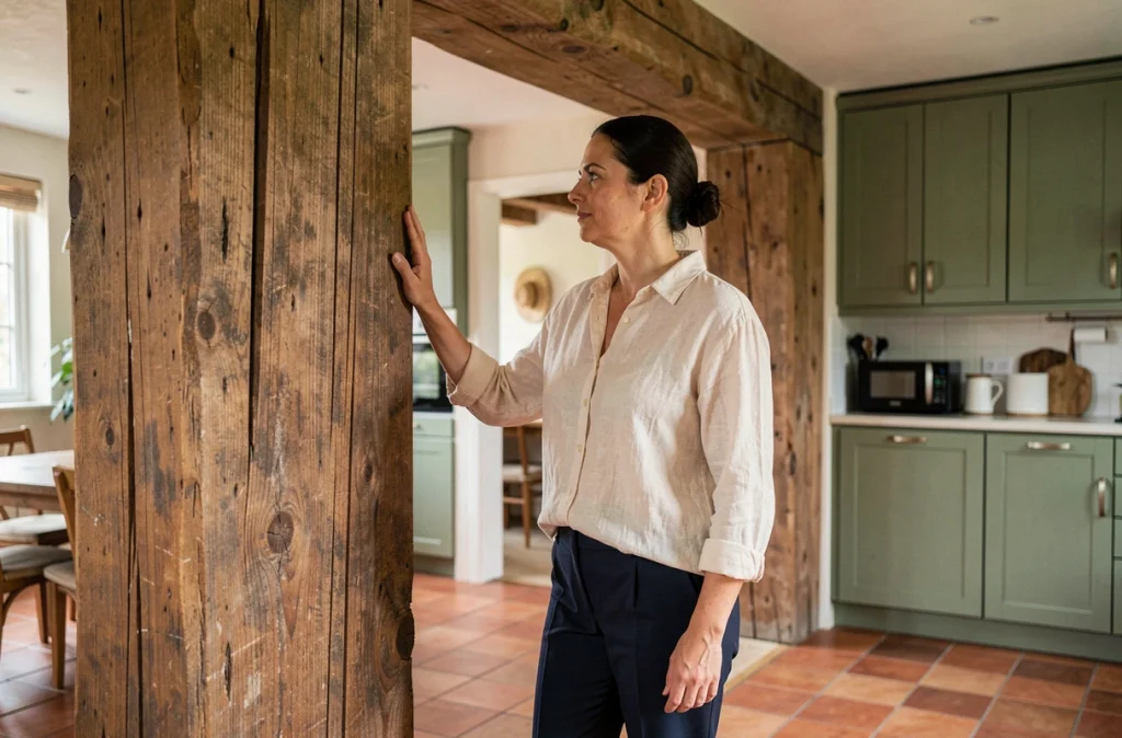 Femme admirant une poutre structurelle en bois ancienne dans une cuisine ouverte rénovée