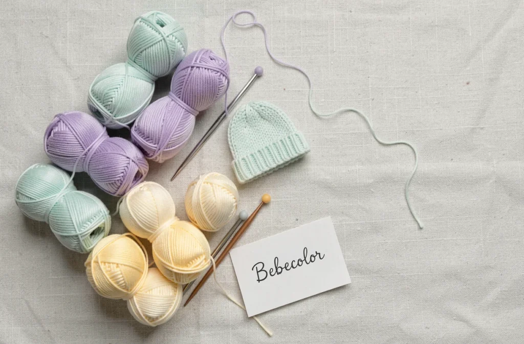Flat lay de pelotes de laine bébé pastel Bebecolor avec aiguilles à tricoter et bonnet miniature tricoté sur fond lin blanc