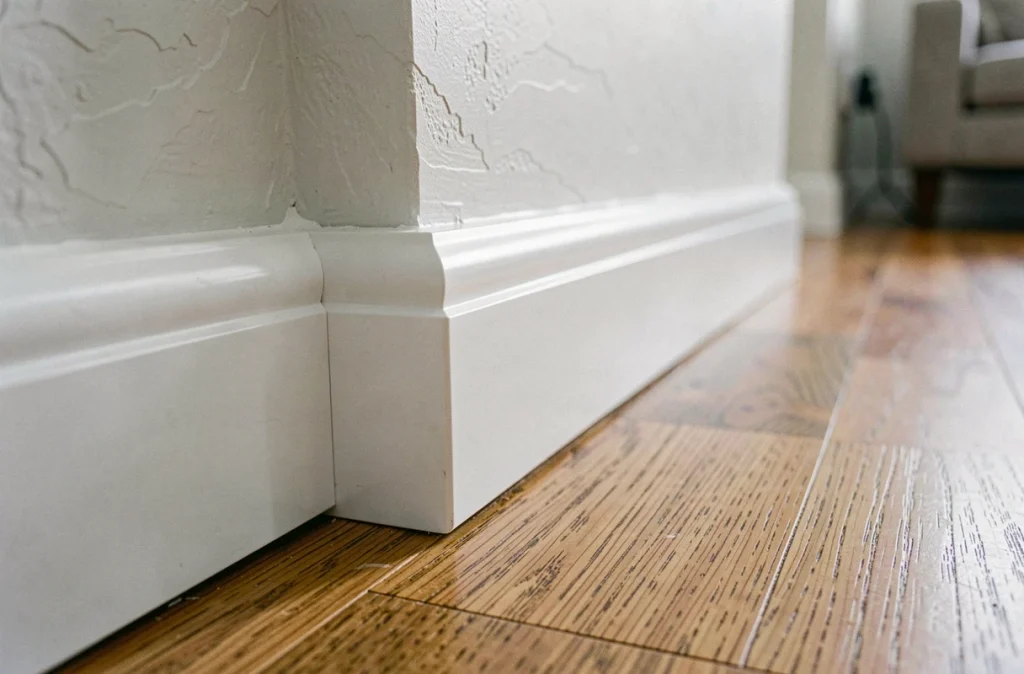 Goulotte PVC blanche installée discrètement en plinthe dans un salon avec finition soignée aux angles