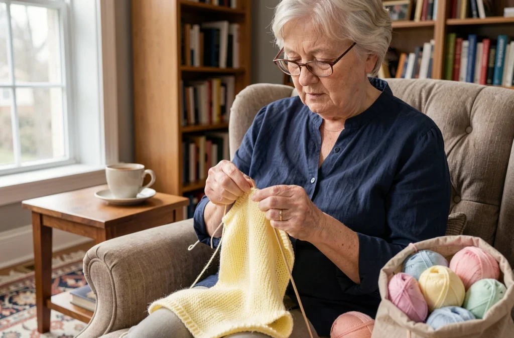 Grand-mère tricotant un petit gilet bébé en laine douce Bebecolor dans un fauteuil confortable, ambiance artisanale chaleureuse