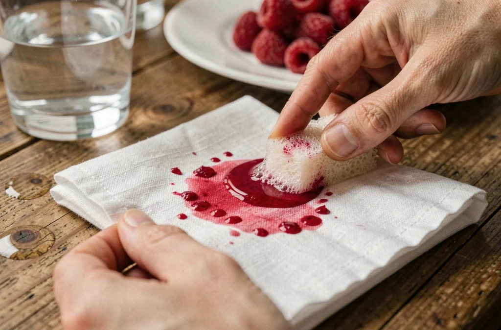 Gros plan sur une tache de framboise sur une serviette en lin blanc en cours de nettoyage avec une éponge