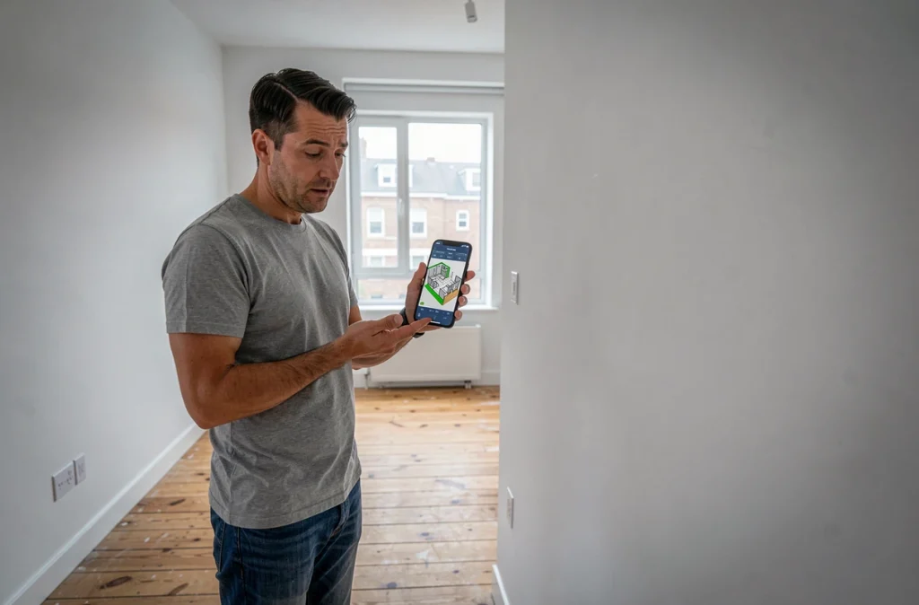 Homme debout dans un appartement vide consultant un outil IA de planification d'aménagement intérieur sur smartphone