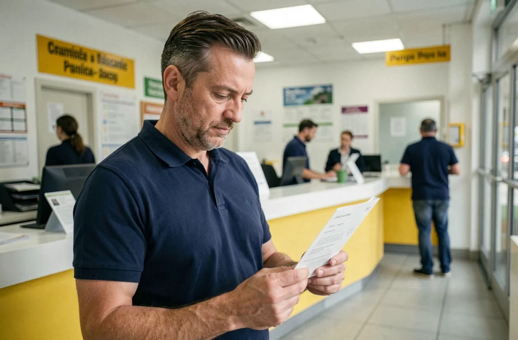 Homme consultant un document de changement d'adresse dans un bureau de poste français