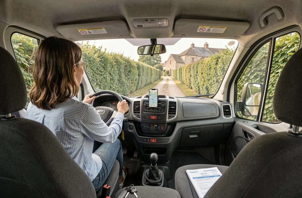 Vue depuis l'habitacle d'un utilitaire de location conduit par une femme sur un chemin de campagne en direction d'un village