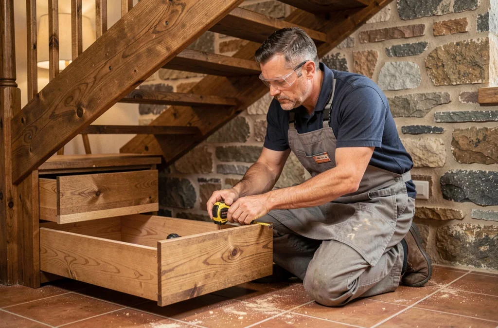 Menuisier professionnel installant un rangement en bois sur mesure sous un escalier traditionnel dans une maison de famille