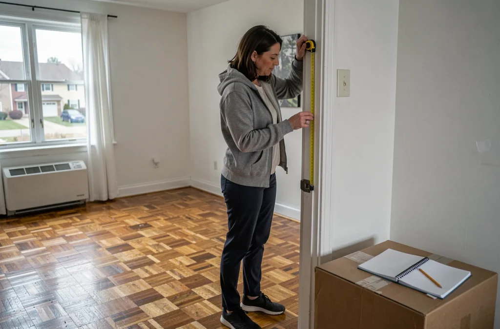 Femme mesurant l'encadrement d'une porte intérieure pour planifier le passage d'un monte-meubles